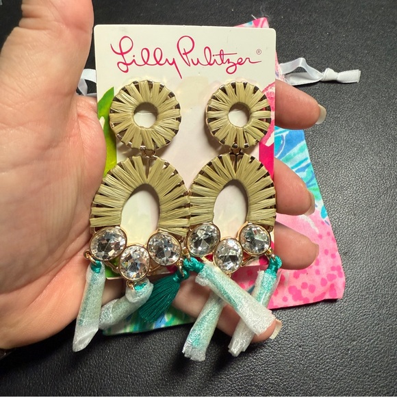 Lilly Pulitzer Party All The Tide Earrings Maldives Green Rhinestones Tassels - Picture 5 of 6
